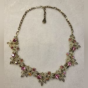 Vintage 50s Pink Aurora Borealis and Pink Rhinestone Floral Gold Tone Necklace
